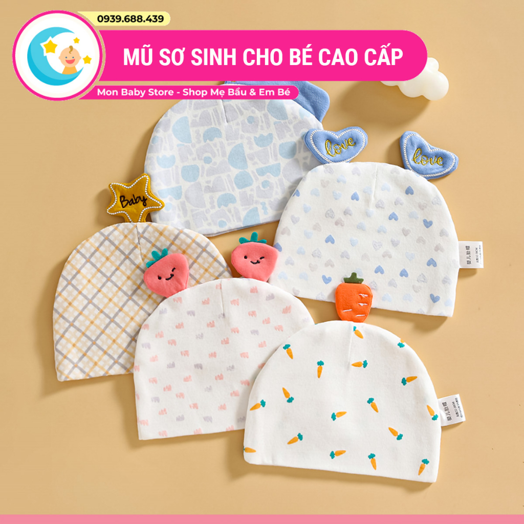 Mũ sơ sinh cho bé vải cotton mềm mại cao cấp, nón cho bé sơ sinh từ 0 đến 3 tháng tuổi hình hoa quả dễ thương