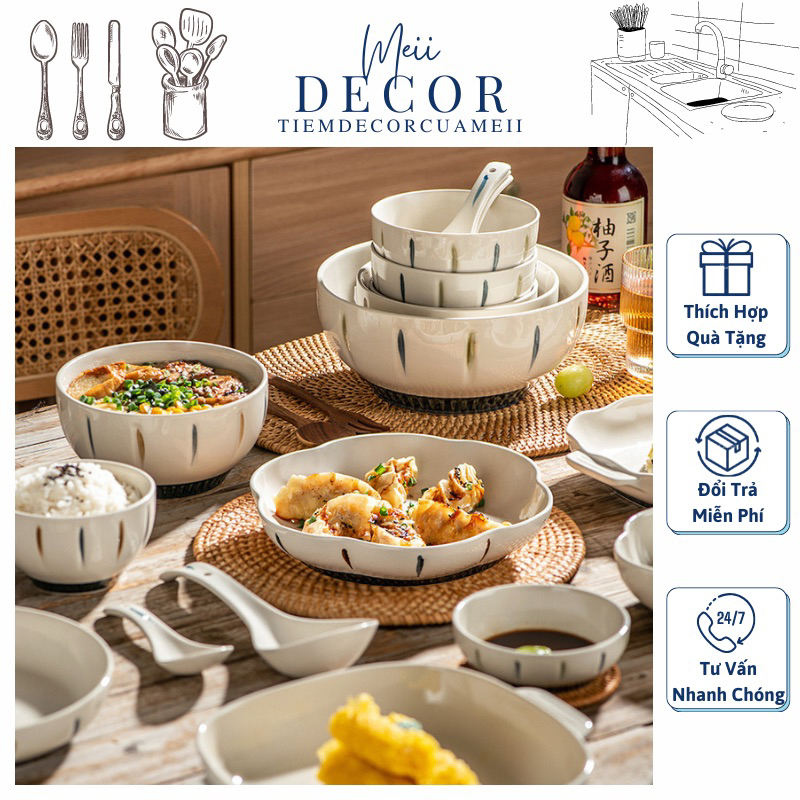 Bộ bát đĩa kiểu Nhật, bát ăn cơm, bát đĩa sứ gia đình, quà tặng tân gia -Meii.decor