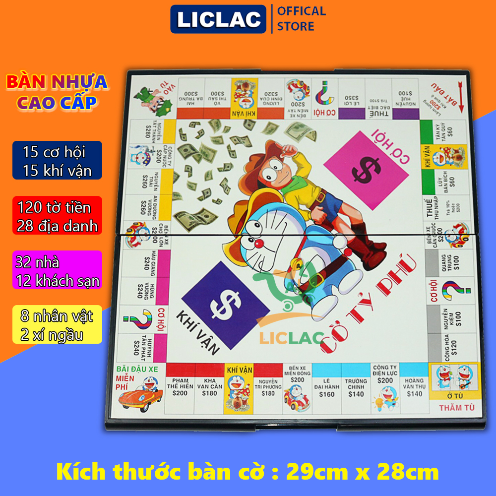 Bộ cờ Tỷ Phú Doreamon Bàn Nhựa Nhỏ chất liệu an toàn, Đồ chơi Board Game cờ tỷ phú phiên bản địa danh Việt Nam - LICLAC