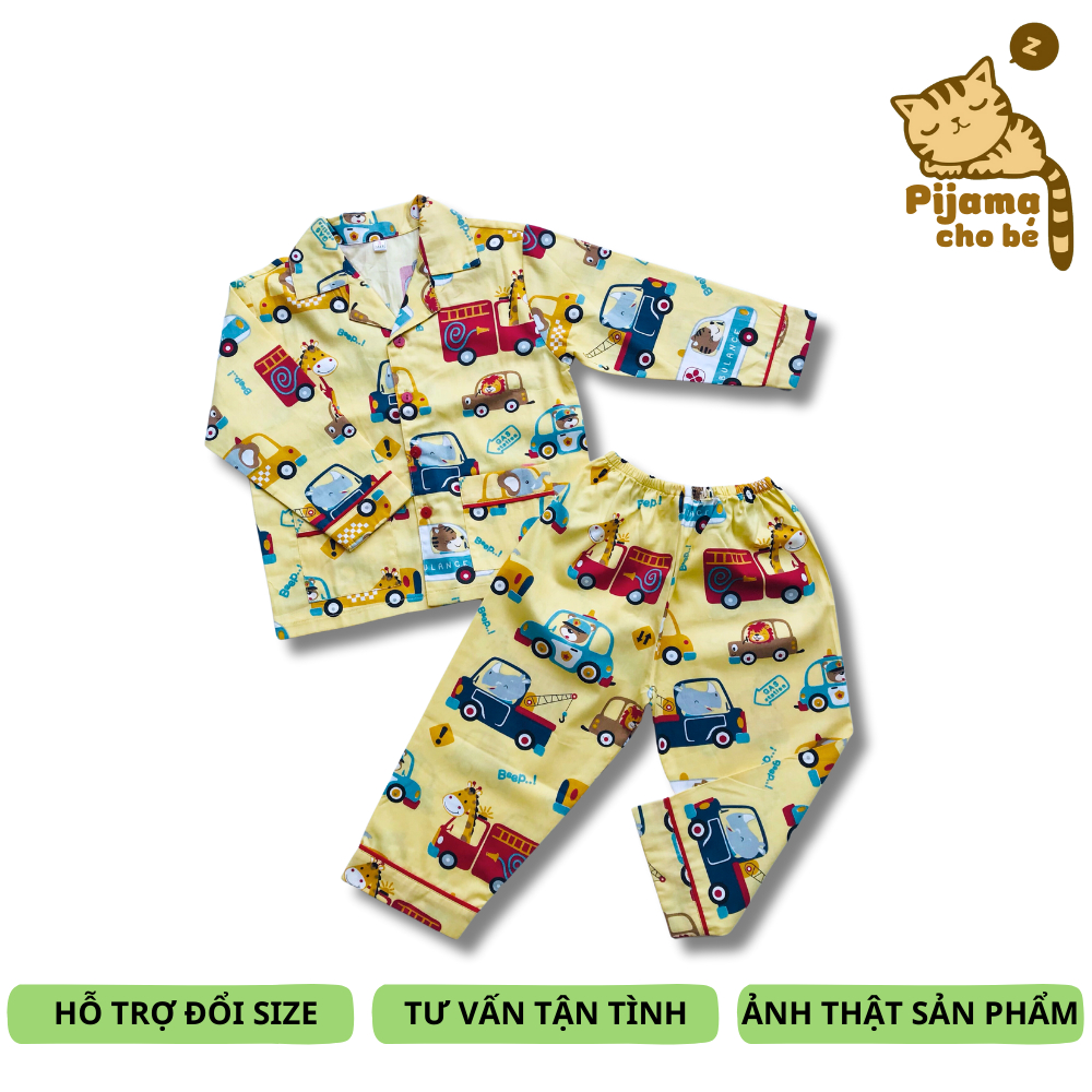Pijama dài cho bé trai bé gái mặc nhà mặc ngủ vải Thô mịn đẹp Họa tiết Xe size 1-9 tuổi 10-40kg