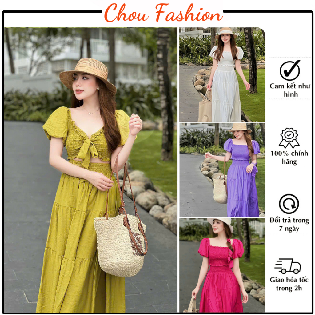 Set váy đi 3 chi tiết biển dáng dài phối tay bồng thiết kế nhiều kiểu mặc, đầm maxi 2 tầng chất đũi mềm nhẹ có lớp lót