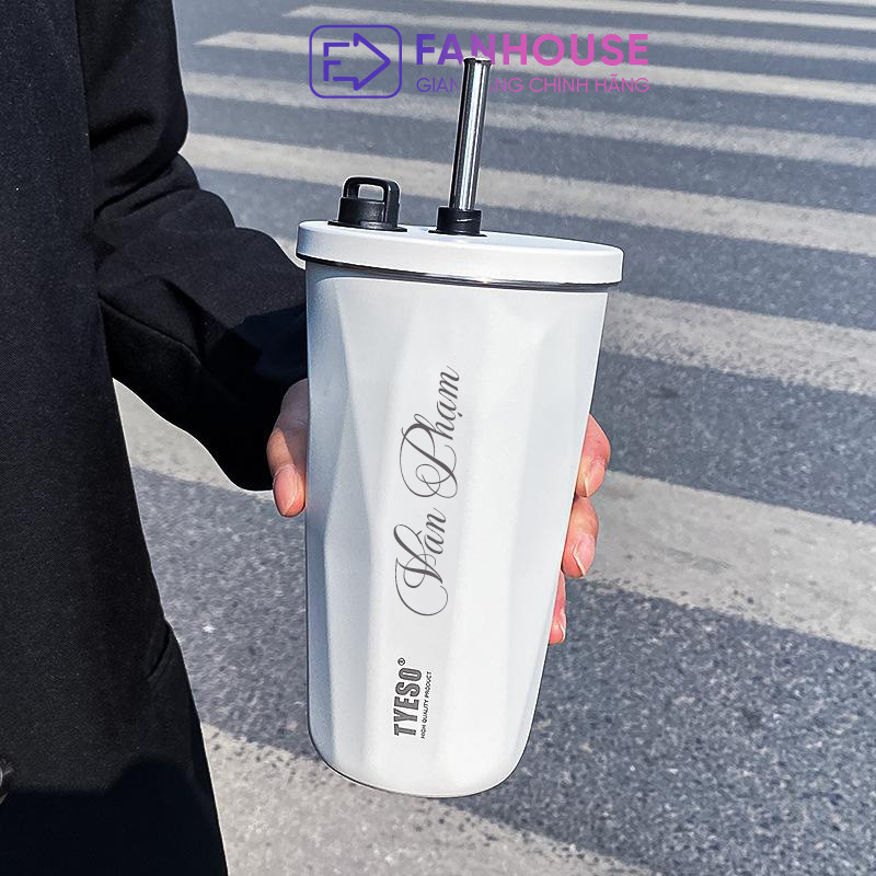 Ly giữ nhiệt Tyeso Wonder 600ml bình giữ nhiệt có ống hút inox 304 Fan House khắc tên, tặng Sticker, cọ rửa, túi đựng