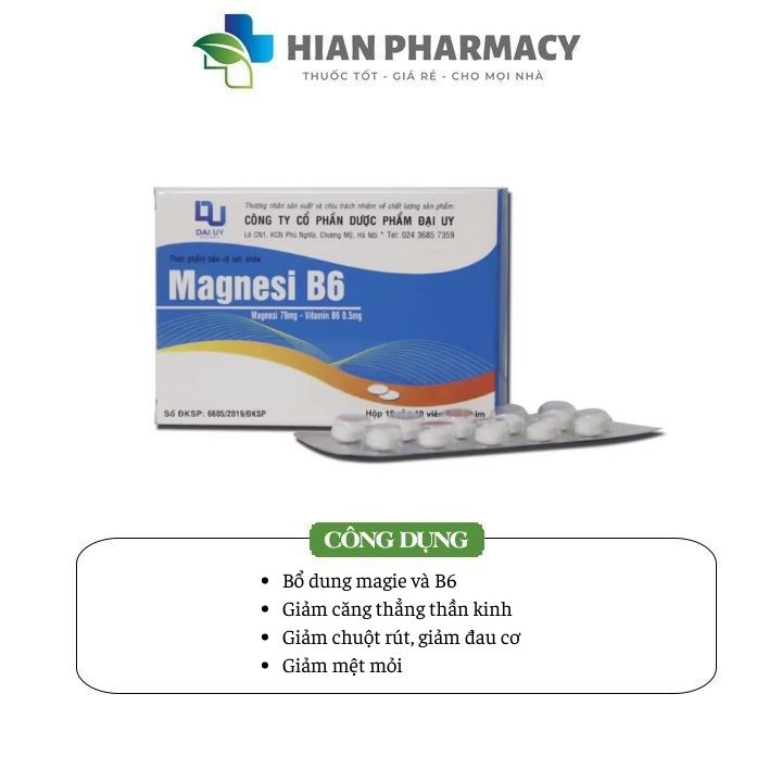 Vitamin Magnesi B6 - Bổ sung Magie và Vitamin B6 giảm chuột rút, mất ngủ, suy nhược cơ thể (hộp 100 viên) |Hian