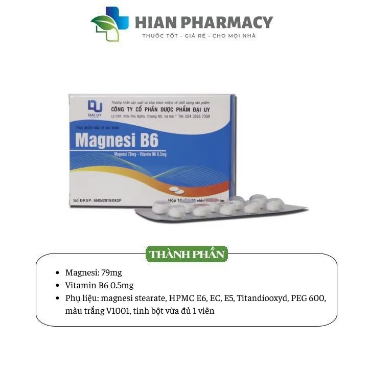 Vitamin Magnesi B6 - Bổ sung Magie và Vitamin B6 giảm chuột rút, mất ngủ, suy nhược cơ thể (hộp 100 viên) |Hian