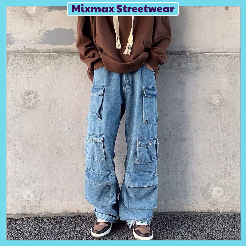 Quần bò jeans ống rộng túi hộp nhiều túi màu xanh Ulzzang hiphop unisex siêu chất ❤️