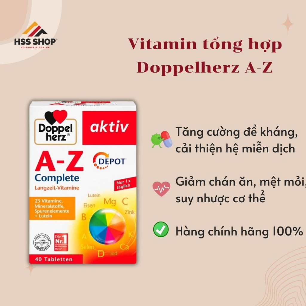 Viên uống bổ sung vitamin hàng Đức Doxppxelherz Aktiv A-Z Depot Langzeit-Vitamine hộp 40 viên