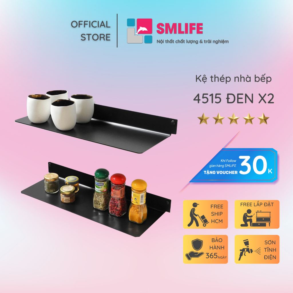 Kệ trang trí treo tường SMLIFE 4515 (Set 2) - Kệ treo tường bằng thép dày 1,6mm, sơn tĩnh điện màu Trắng/ Đen hiện đại