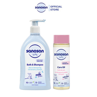 Combo Sữa tắm gội Sanosan Baby bath and shampoo 500ml + Dầu mát-xa Sanosan Baby care oil 200ml