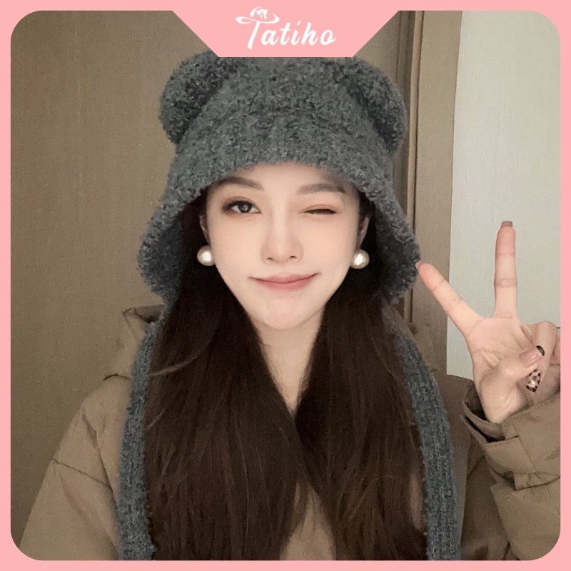 Mũ len dệt kim phối tai gấu siêu đáng yêu phong cách Nhật Bản, Nón len thời trang thu đông ấm áp đẹp cho nữ - Mã NL016