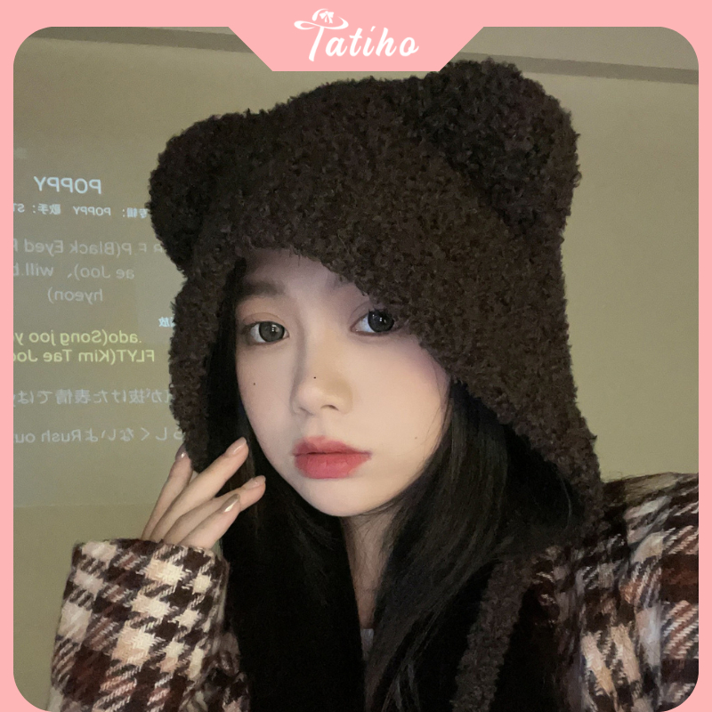 Mũ len dệt kim phối tai gấu siêu đáng yêu phong cách Nhật Bản, Nón len thời trang thu đông ấm áp đẹp cho nữ - Mã NL016