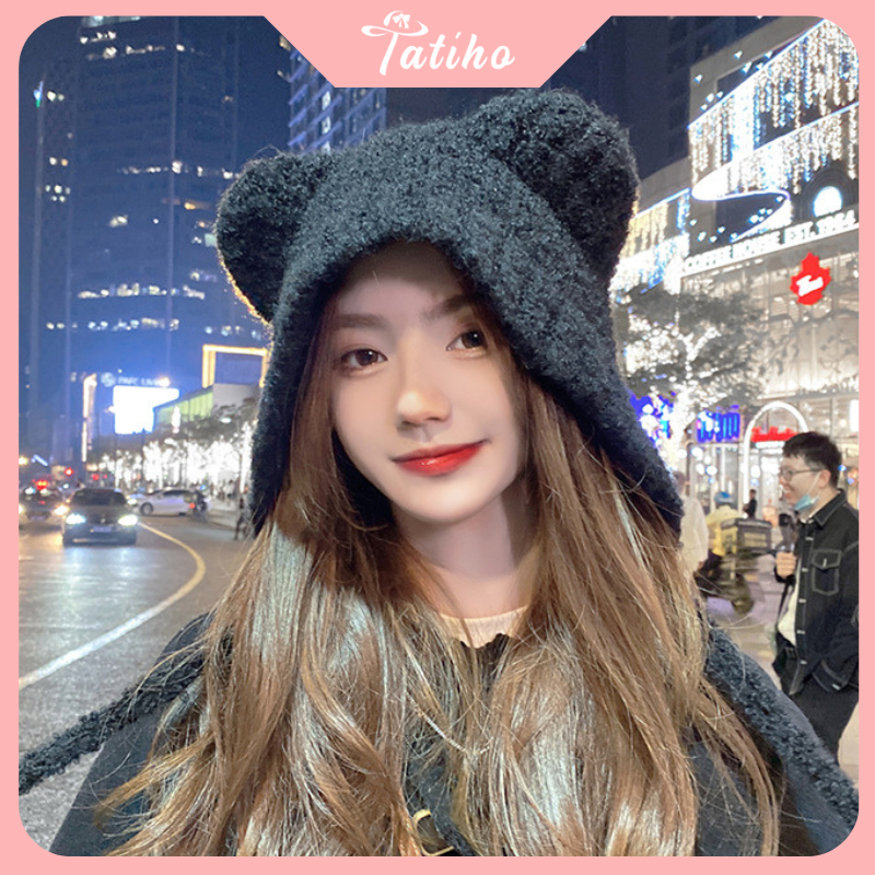 Mũ len dệt kim phối tai gấu siêu đáng yêu phong cách Nhật Bản, Nón len thời trang thu đông ấm áp đẹp cho nữ - Mã NL016