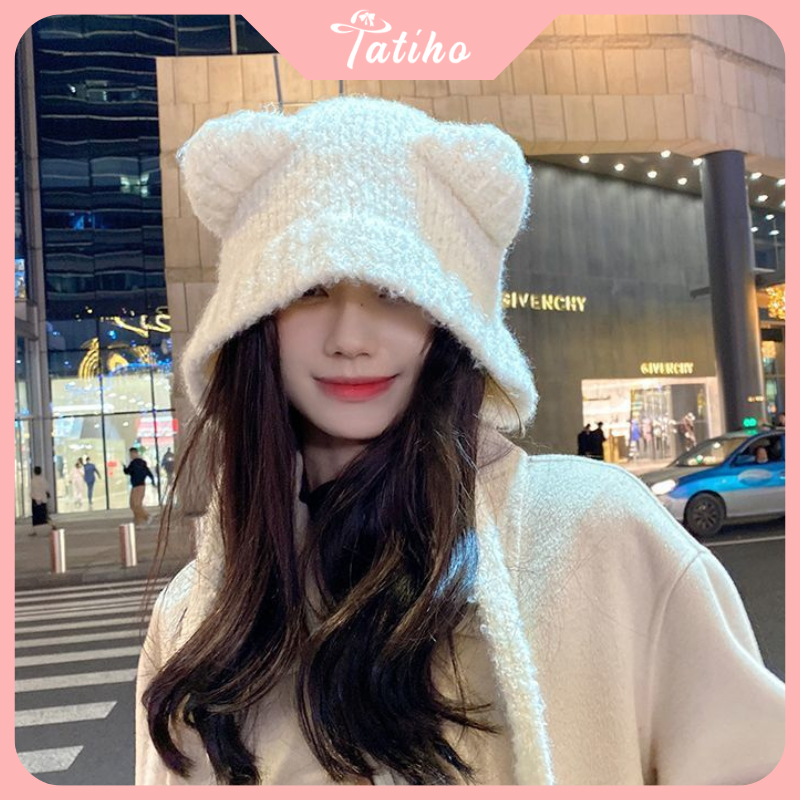 Mũ len dệt kim phối tai gấu siêu đáng yêu phong cách Nhật Bản, Nón len thời trang thu đông ấm áp đẹp cho nữ - Mã NL016