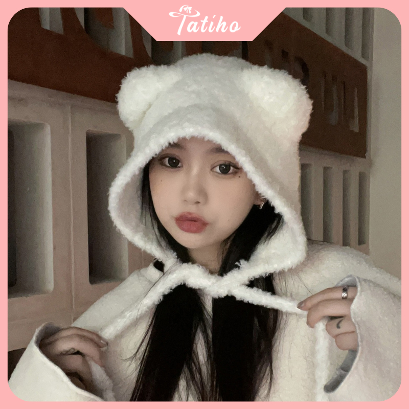 Mũ len dệt kim phối tai gấu siêu đáng yêu phong cách Nhật Bản, Nón len thời trang thu đông ấm áp đẹp cho nữ - Mã NL016