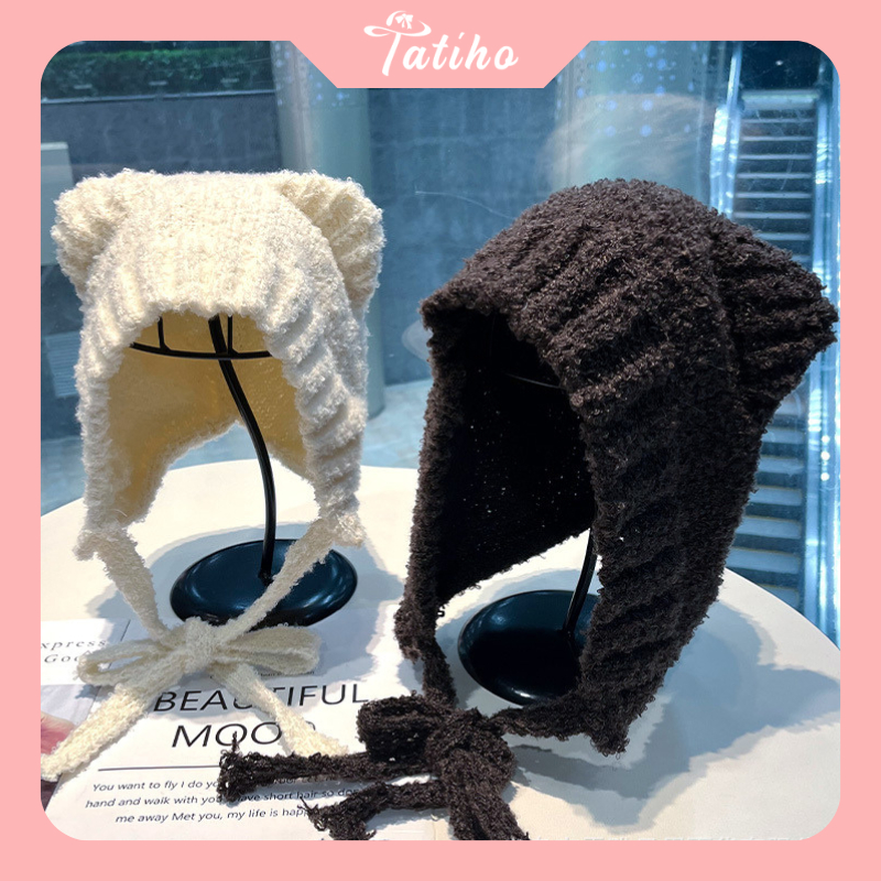 Mũ len dệt kim phối tai gấu siêu đáng yêu phong cách Nhật Bản, Nón len thời trang thu đông ấm áp đẹp cho nữ - Mã NL016