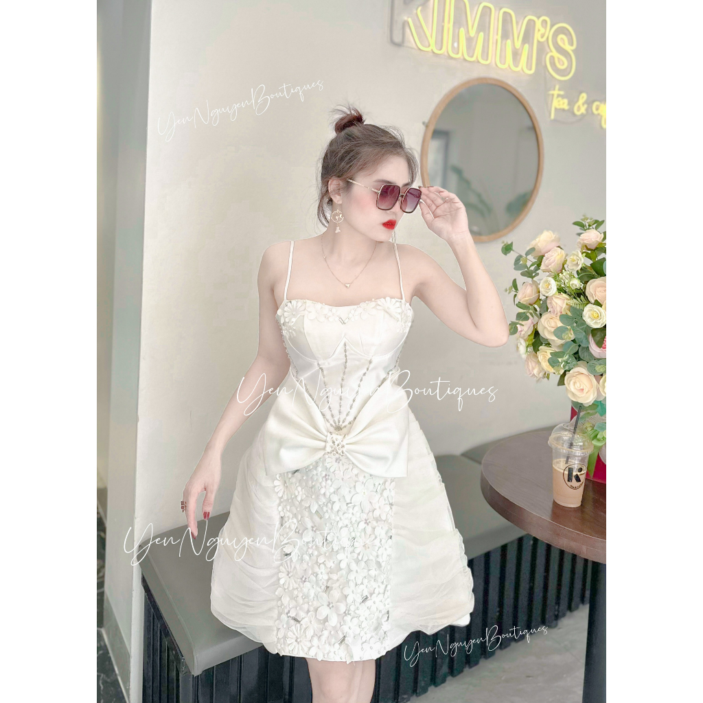 Váy 2 dây tafta đính ngọc, váy dự tiệc sang chảnh dáng xoè A, Váy đính kết đá ngọc hàng thiết kế cao cấp ( Freeshi