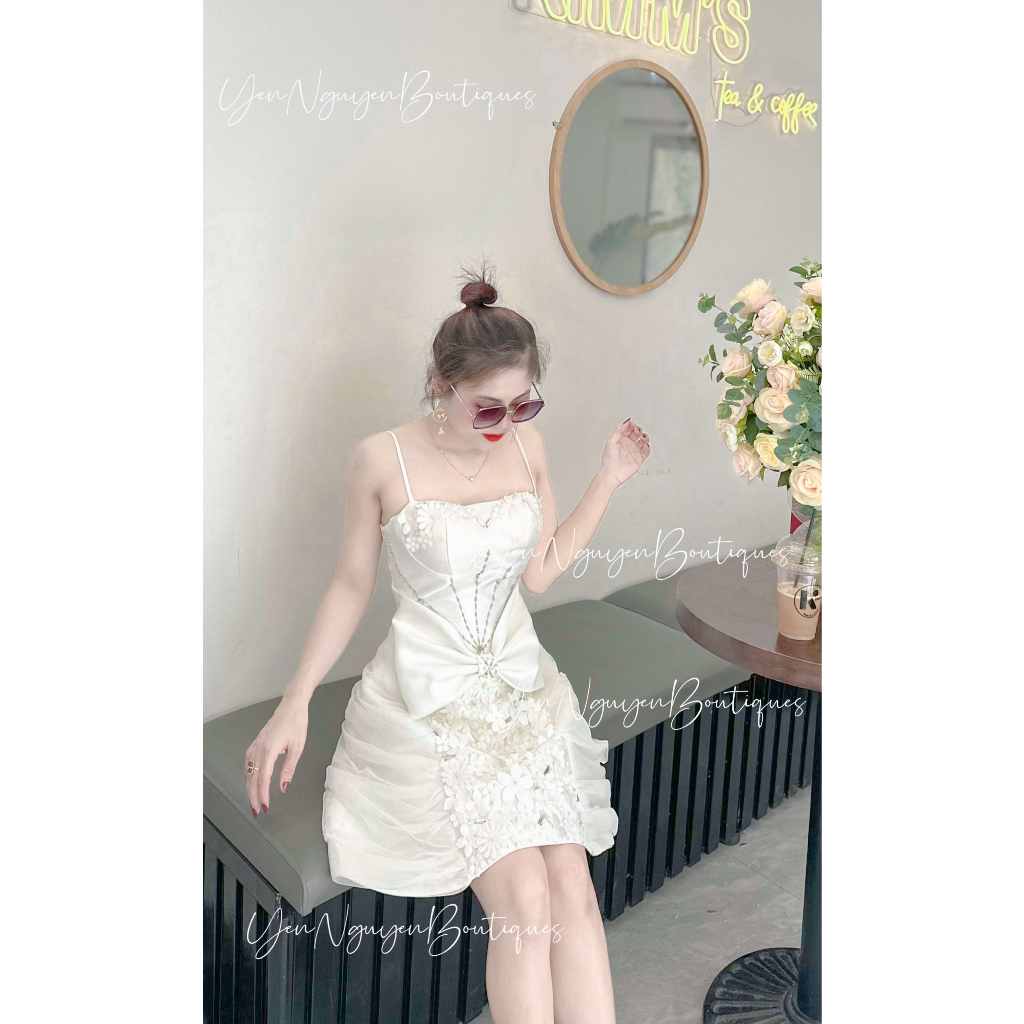 Váy 2 dây tafta đính ngọc, váy dự tiệc sang chảnh dáng xoè A, Váy đính kết đá ngọc hàng thiết kế cao cấp ( Freeshi