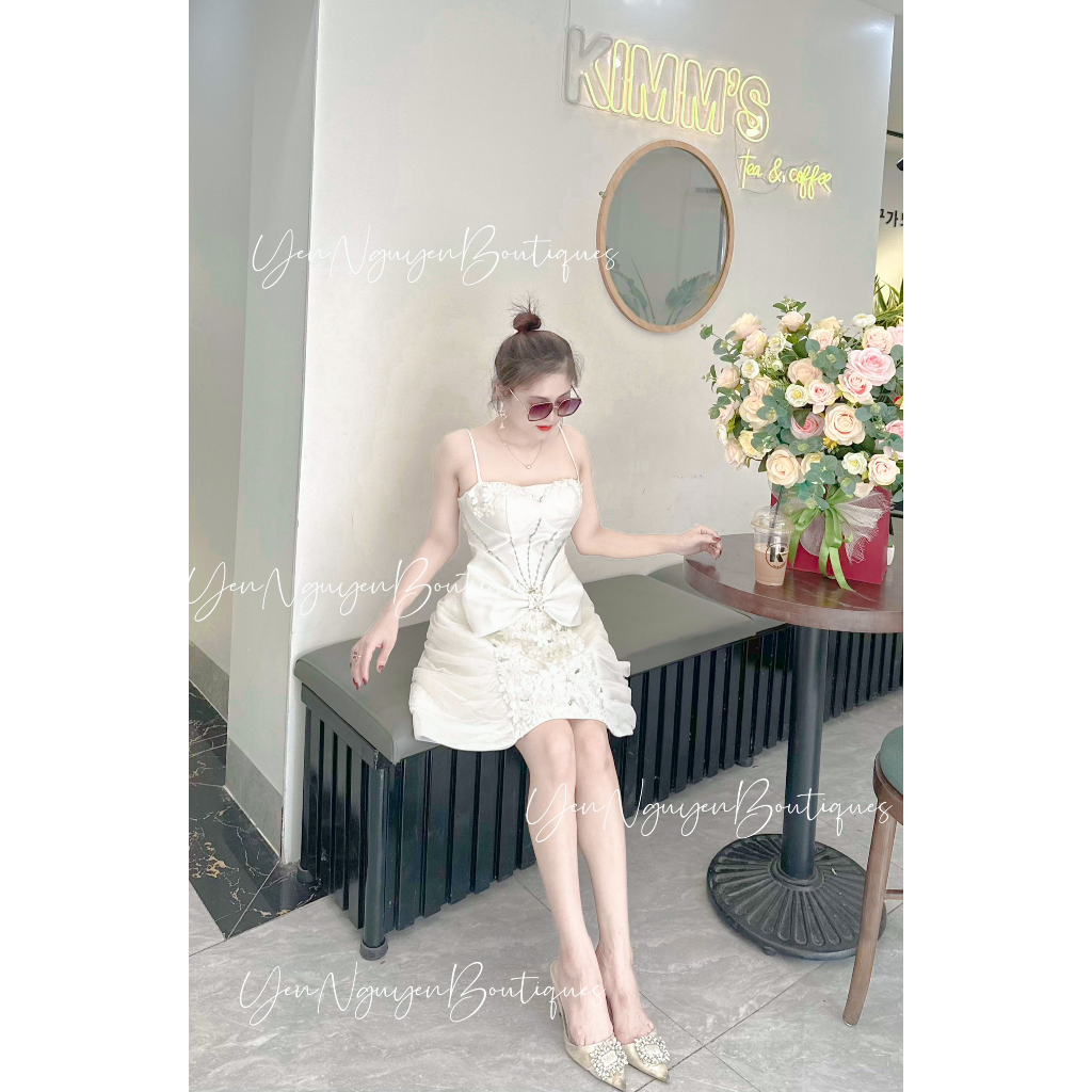 Váy 2 dây tafta đính ngọc, váy dự tiệc sang chảnh dáng xoè A, Váy đính kết đá ngọc hàng thiết kế cao cấp ( Freeshi