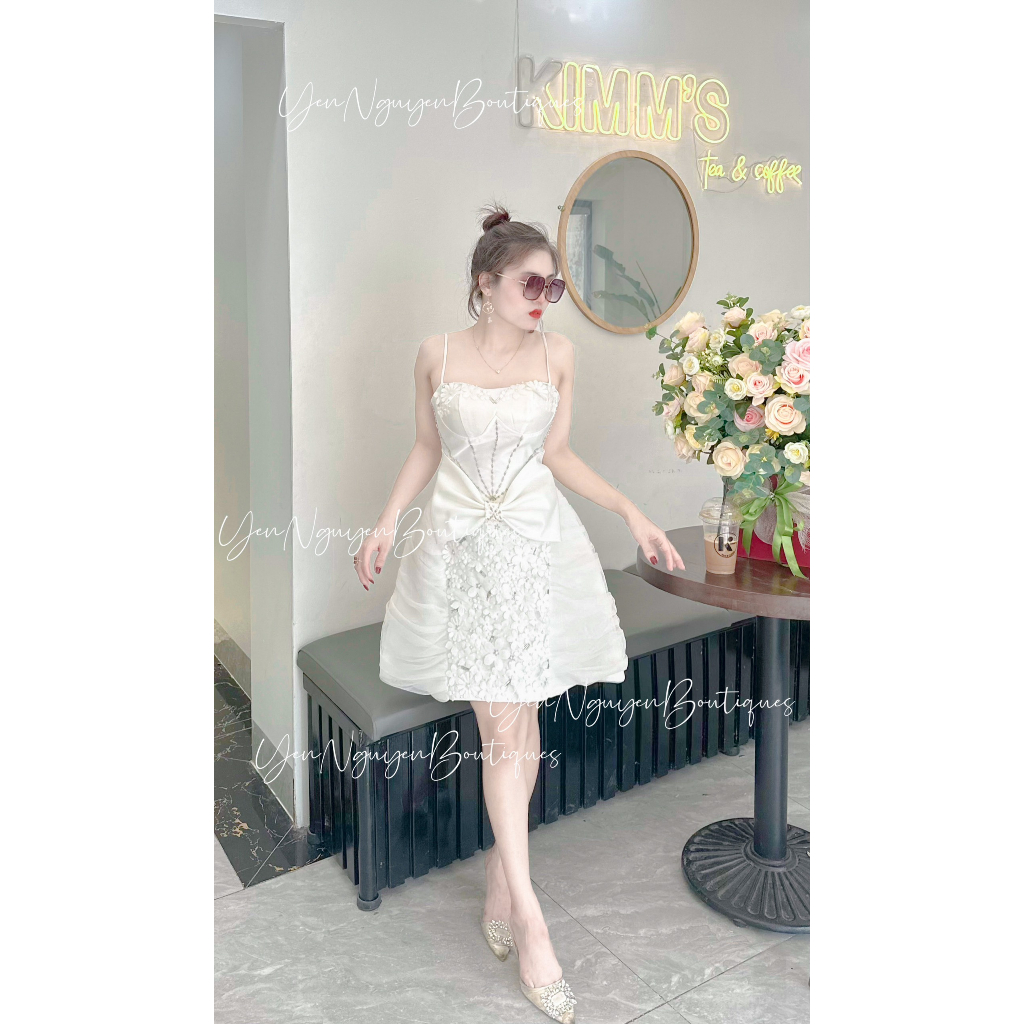 Váy 2 dây tafta đính ngọc, váy dự tiệc sang chảnh dáng xoè A, Váy đính kết đá ngọc hàng thiết kế cao cấp ( Freeshi