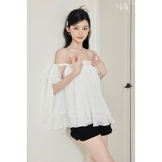 Áo trễ vai 2 tầng + Quần sooc bong 2 bên sườn đính cúc đá - Thiết kế Meli