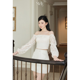 Áo croptop ren cúp tay dài -ren ánh nhũ, phom dáng ôm, co dãn + Chân váy A ngắn nơ bong