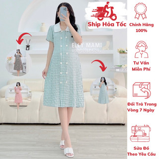 ( 40kg - 95kg )[ Cúc Mở Bé Ti & Hút Sữa] Đầm Bầu ,Suông Cổ Sen,Kẻ Cúc Form Dễ Mặc,Siêu Mát ,Nhẹ Tênh