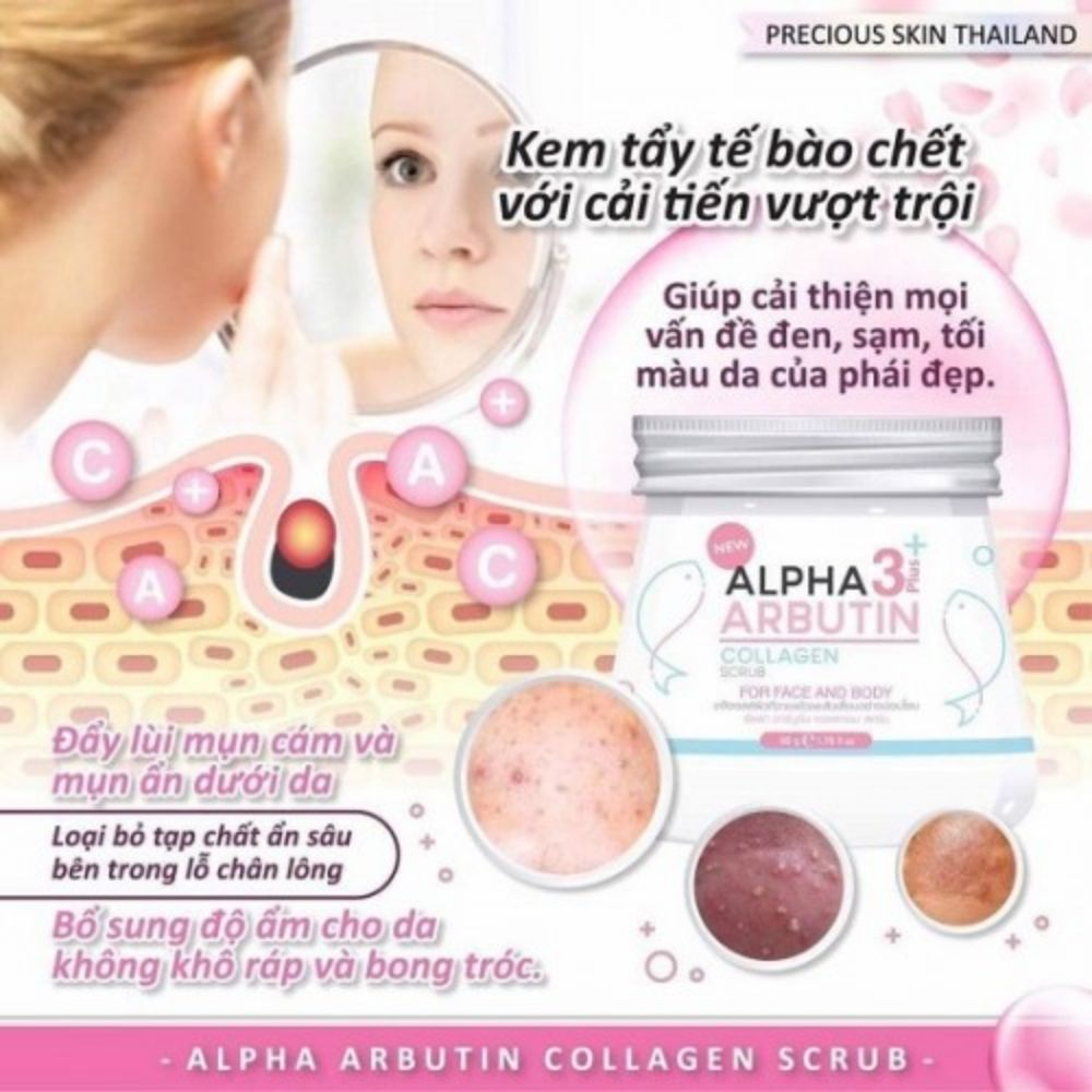 Tẩy Tế Bào Chết Alpha Arbutin 3+ Plus Collagen Scrub 50g Mặt Và Body Giảm Mụn, Trắng Sáng Mịn Màng, Phục Hồi Tái Tạo Da