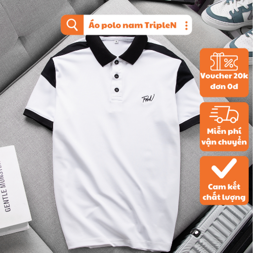 Áo thun polo nam TripleN phối màu trắng đen thời trang, chất vải cá sấu thoáng mát
