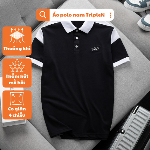 Áo thun polo nam TripleN phối màu trắng đen thời trang, chất vải cá sấu thoáng mát