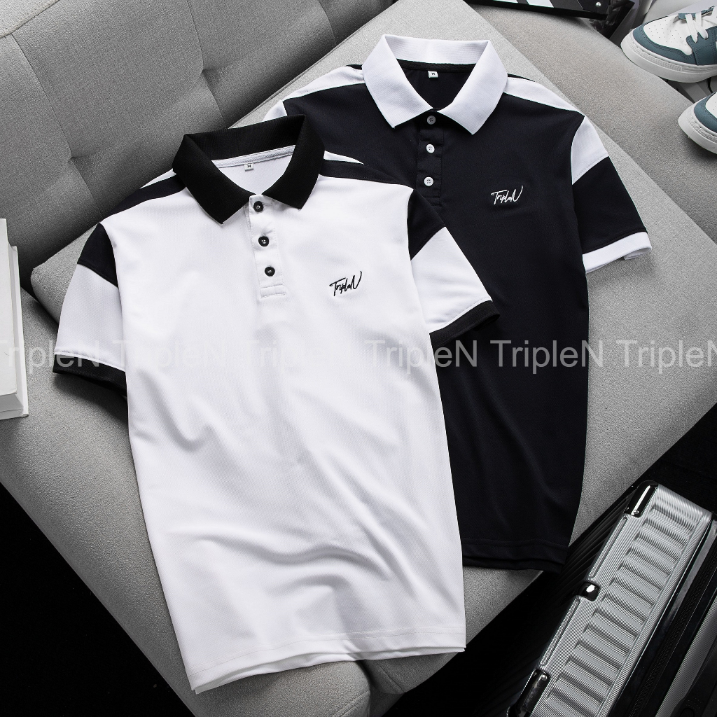 Áo thun polo nam TripleN phối màu trắng đen thời trang, chất vải cá sấu thoáng mát