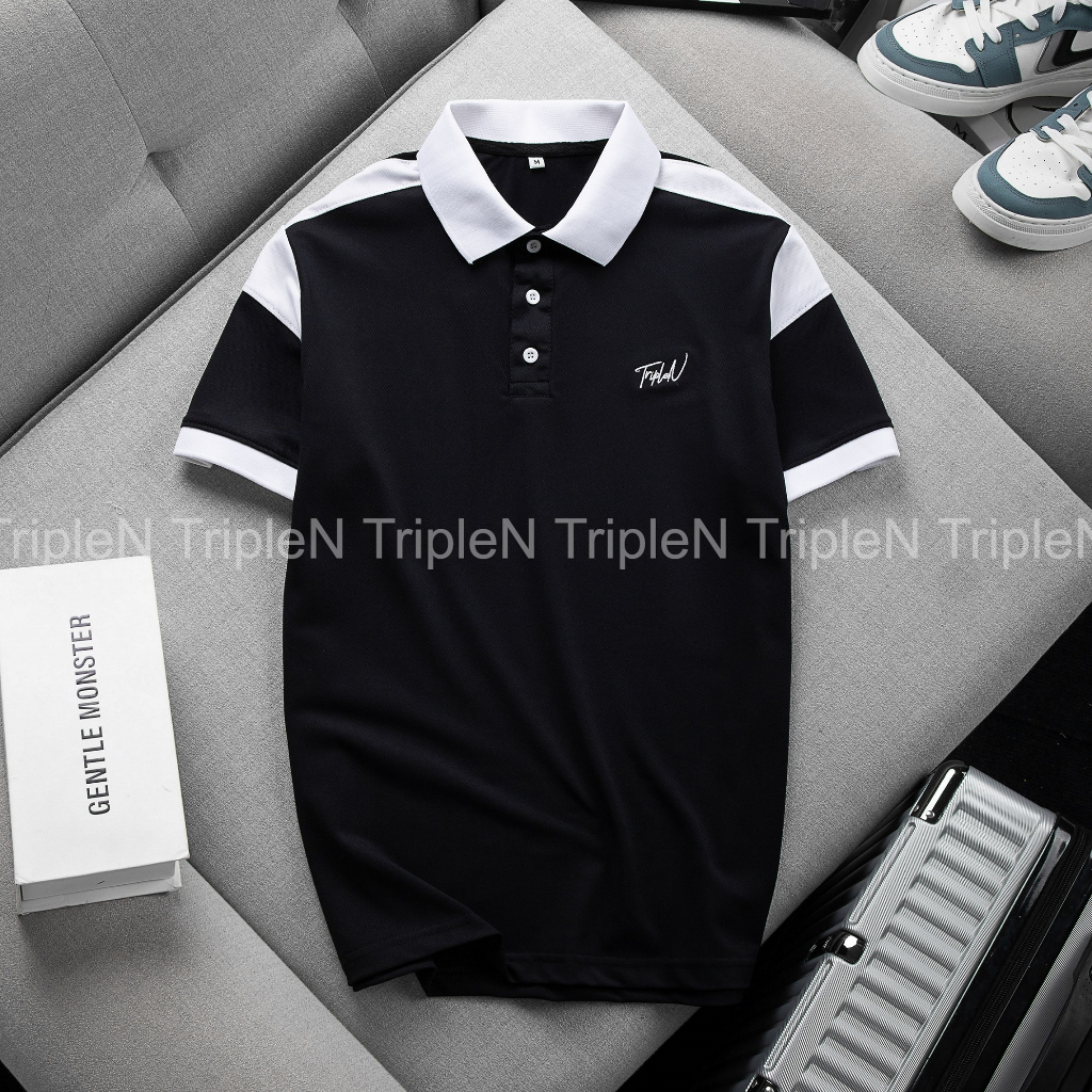 Áo thun polo nam TripleN phối màu trắng đen thời trang, chất vải cá sấu thoáng mát