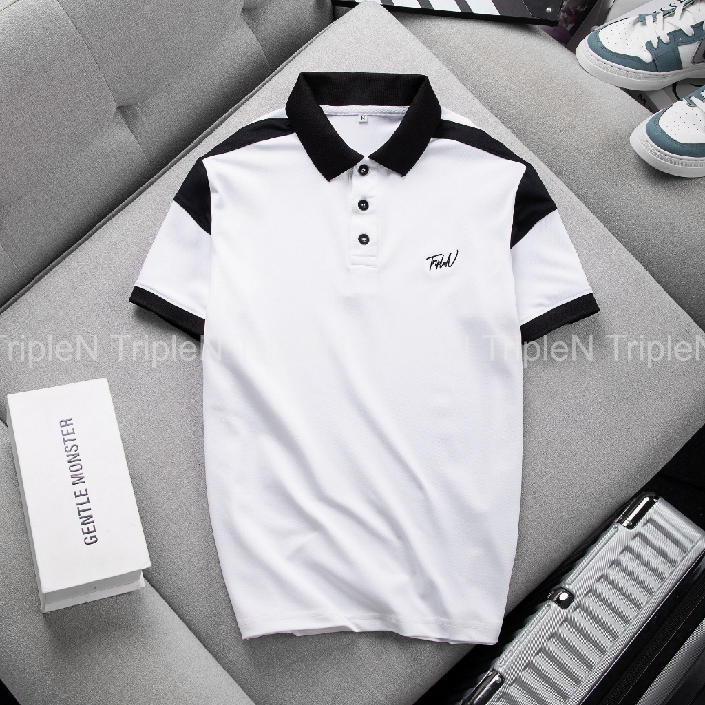 Áo thun polo nam TripleN phối màu trắng đen thời trang, chất vải cá sấu thoáng mát