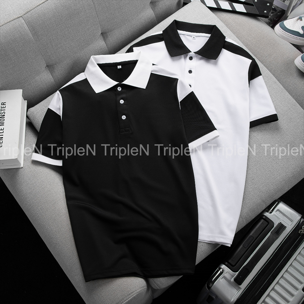 Áo thun polo nam TripleN phối màu trắng đen thời trang, chất vải cá sấu thoáng mát