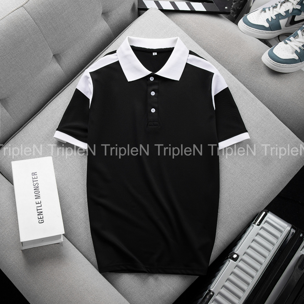 Áo thun polo nam TripleN phối màu trắng đen thời trang, chất vải cá sấu thoáng mát