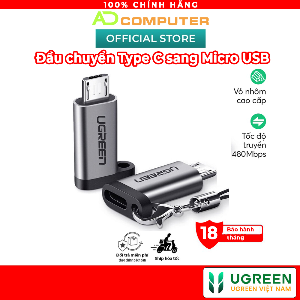 Đầu chuyển UGREEN US282 50590 cổng Type C cái sang cổng Micro USB đực, dài 2.5cm nhỏ gọn, vỏ nhôm