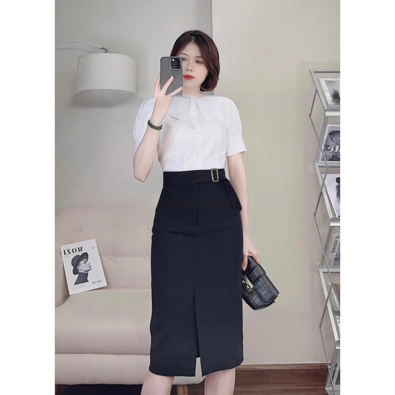 Chân Váy Công Sở Bút Chì Dáng Dài Kèm Đai Xẻ Trước