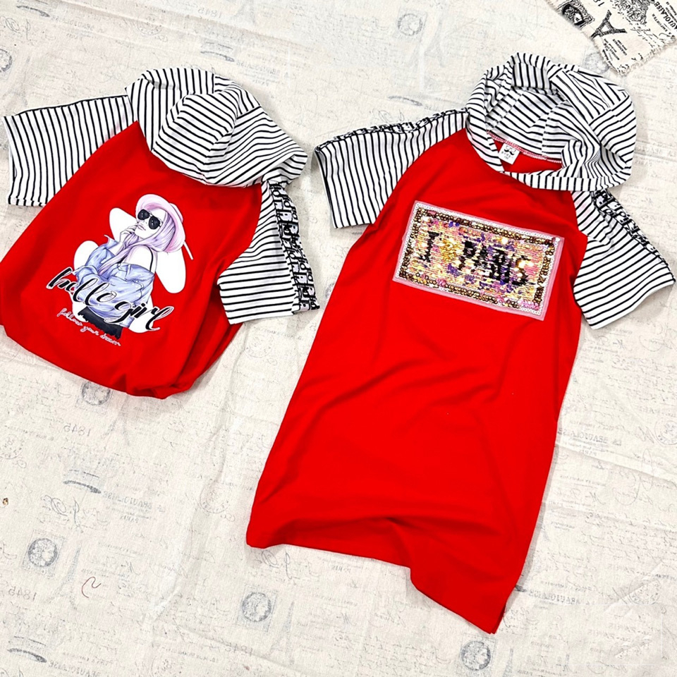 Đầm thun hoddie nón phối sọc đính kim sa lật đổi màu I love Paris sành điệu cho bé gái