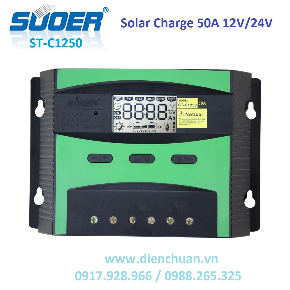Bộ điều khiển sạc năng lượng mặt trời 50A 12V-24V Suoer ST-C1250