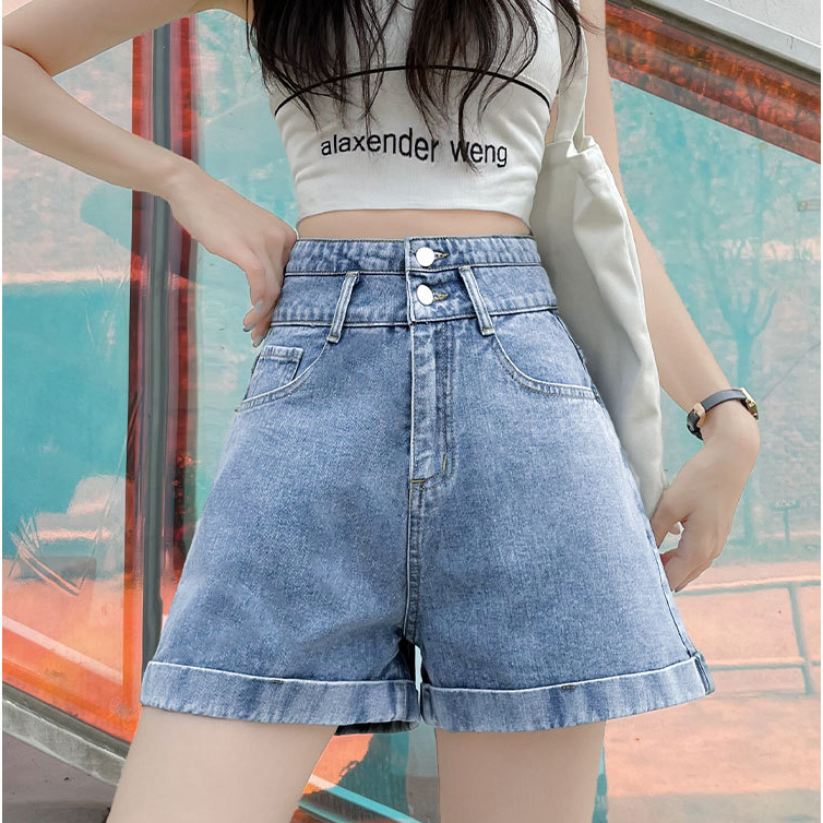 Quần Short Jeans Nữ Lưng Cao Thiết Kế 2 Cúc Gấp Gấu TDSHOPNT  - Quần Sooc Denim Phong Cách Trung Quốc Cực Xinh