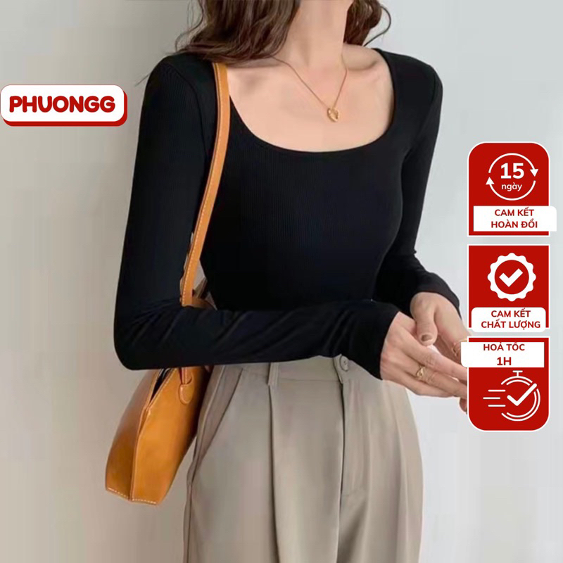 Áo phông nữ dài tay croptop cổ vuông PHUONGG, chất cotton borib loại 1 co giãn 4 chiều