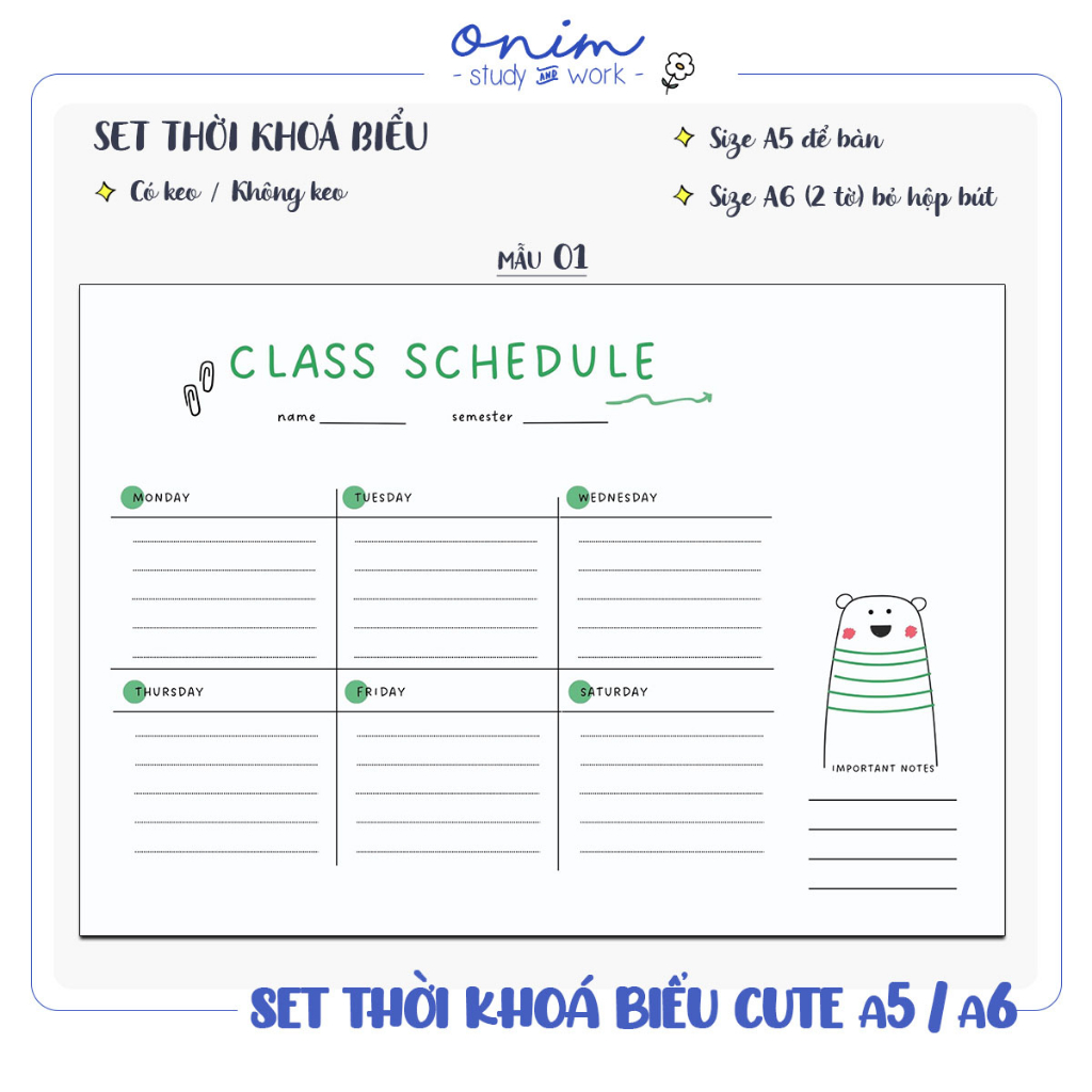 Set thời khoá biểu mẫu cuteghi chú lịch học dành cho học sinh sinh viên  Onim