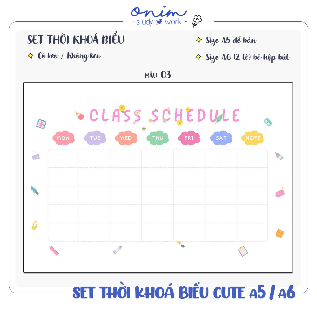 Set thời khoá biểu mẫu cuteghi chú lịch học dành cho học sinh sinh viên  Onim