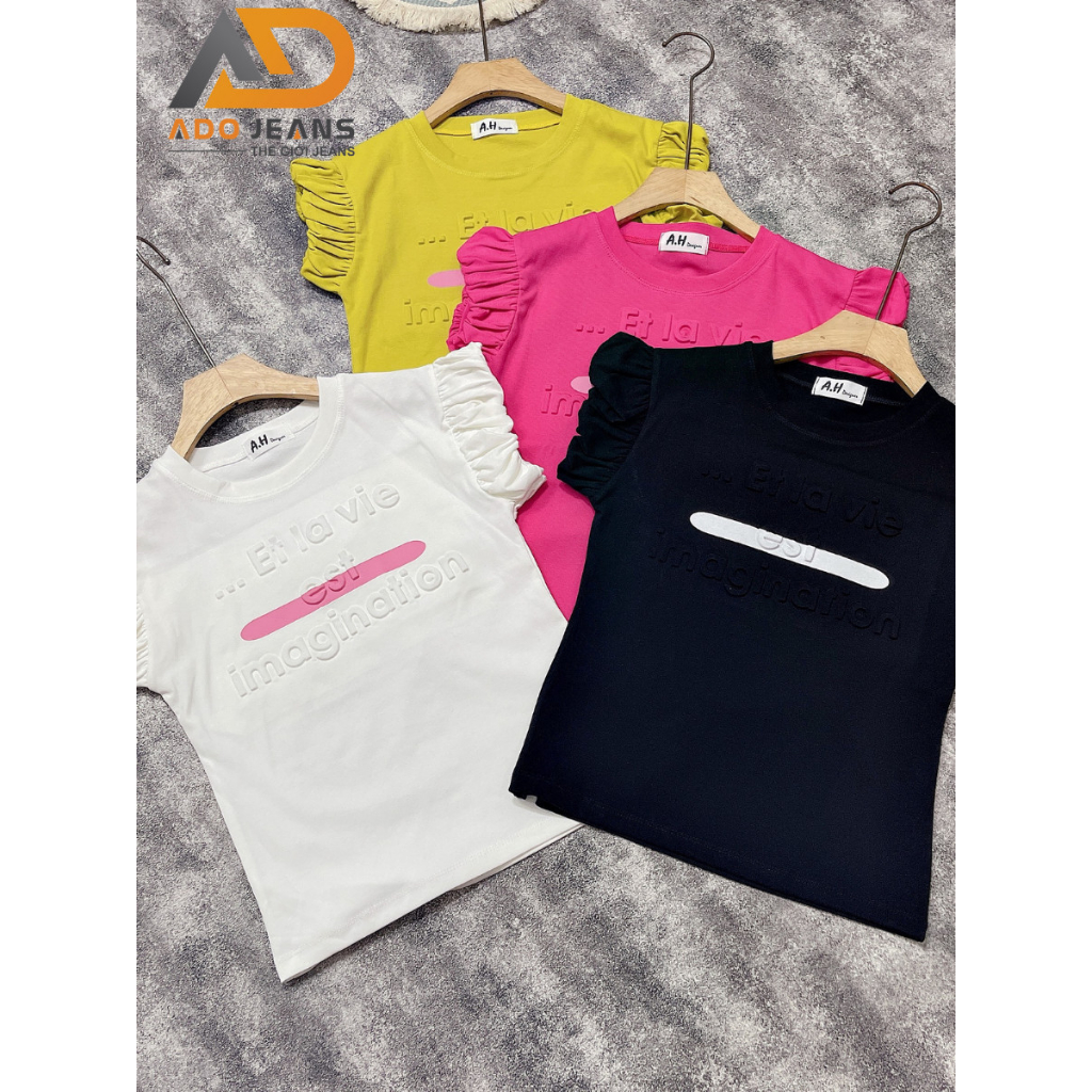 Áo thun nữ ADO JEANS chất thun cotton tay nhún bèo cách điệu, cổ tròn in chử dập nổi vải co dãn 4 chiều(1616)