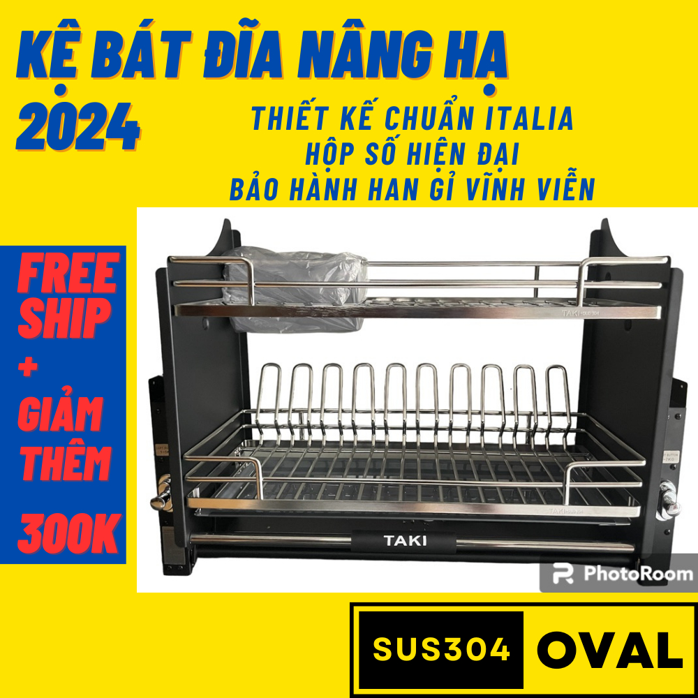 Kệ chén bát nâng hạ inox 304 nan OVAL lắp tủ bếp thông minh hàng nhập khẩu model 2024