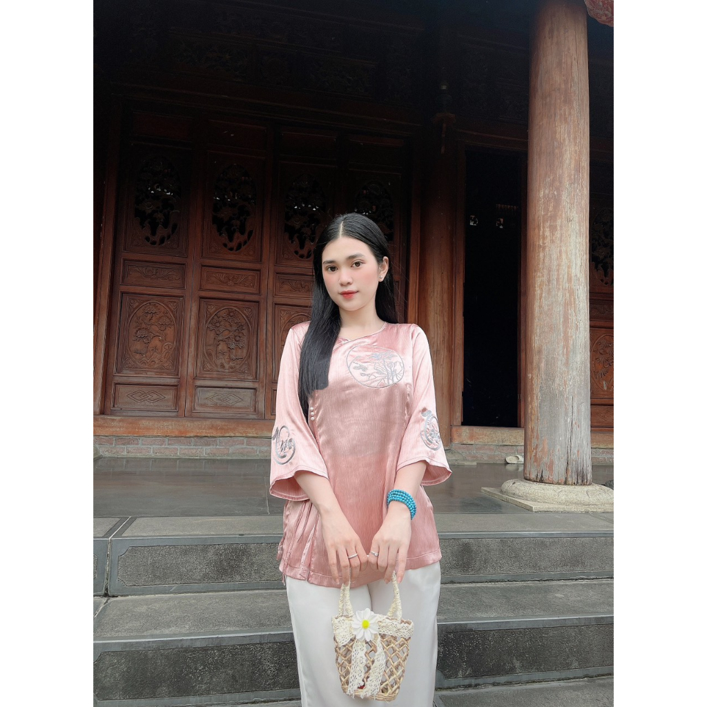 Bộ Đi Lễ Chùa, Pháp Phục Nữ Lụa Thêu Hoa Khuôn Tròn Cúc Ngọc Sườn Buộc Eo Cao Cấp 3 Màu