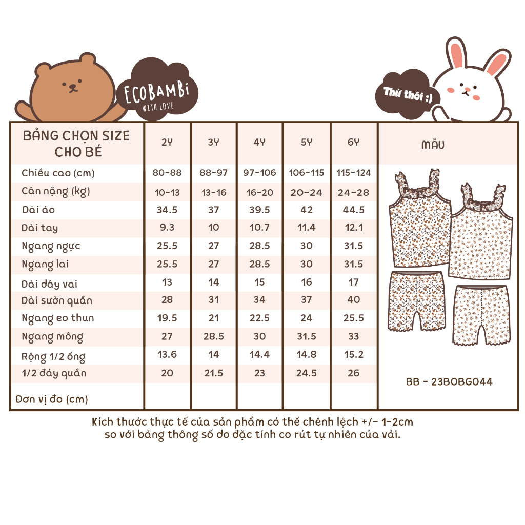 Bộ cotton thun gân Hàn 2 dây viền bèo bé gái hoạ tiết hoa nhí ECOBAMBI - BB-23BOBG044