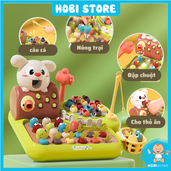 Đồ chơi nông trại vui vẻ 4in1 Funny Happy Farm tích hợp câu cá, nhổ cà rốt, đập chuột, bắt sâu, trồng củ cải Montessori