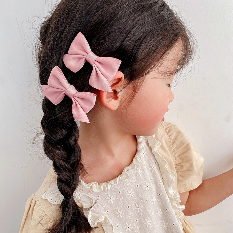 Beautycoco🍊Set 2 Kẹp Tóc Nơ Màu Trơn Dễ Thương Cho Bé Gái