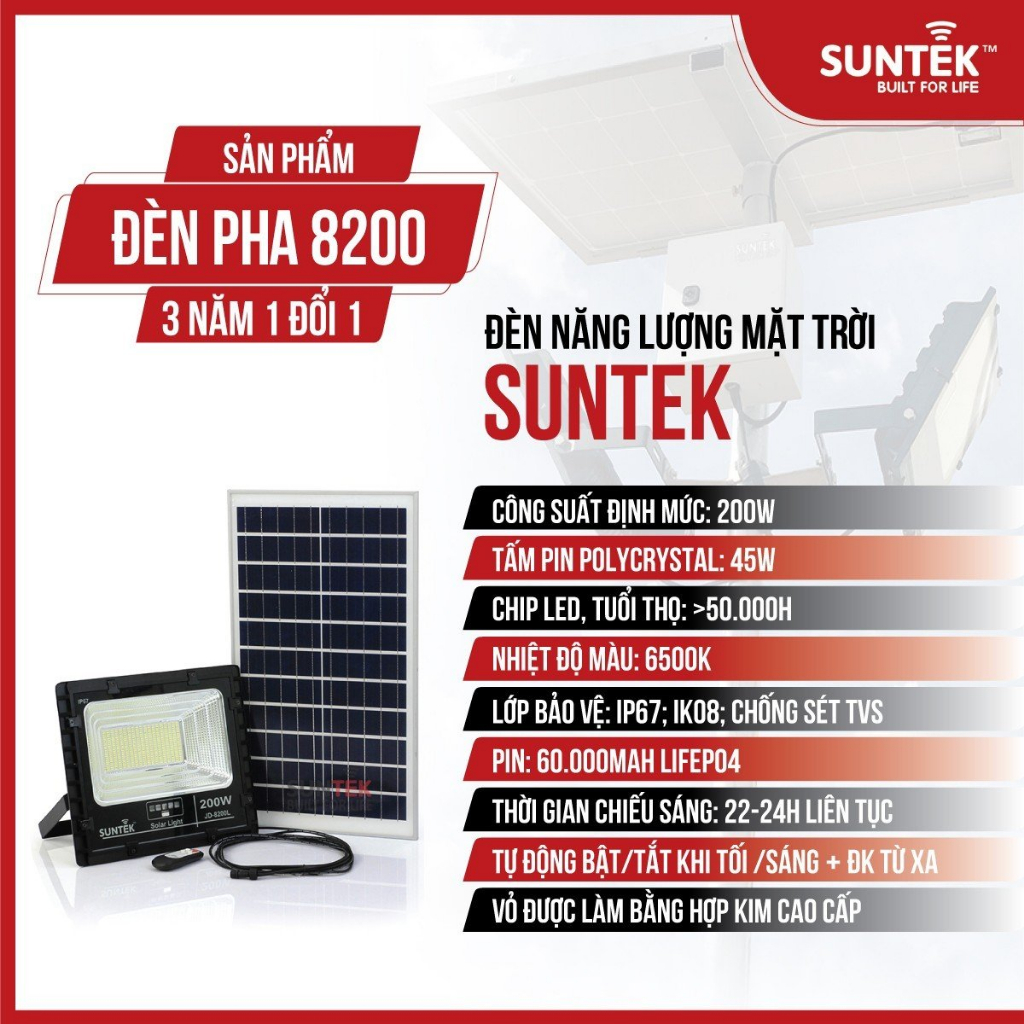 Đèn Pha Năng Lượng Mặt Trời SUNTEK LED Solar Light JD-8200 200W - Hàng Chính Hãng - Bảo hành 3 năm 1 đổi 1