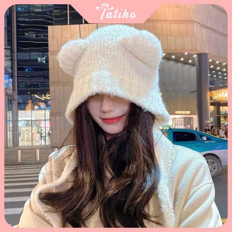 Mũ len dệt kim phối tai gấu siêu đáng yêu phong cách Nhật Bản, Nón len thời trang thu đông ấm áp đẹp cho nữ - Mã NL016