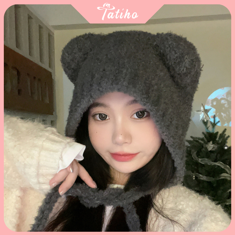 Mũ len dệt kim phối tai gấu siêu đáng yêu phong cách Nhật Bản, Nón len thời trang thu đông ấm áp đẹp cho nữ - Mã NL016